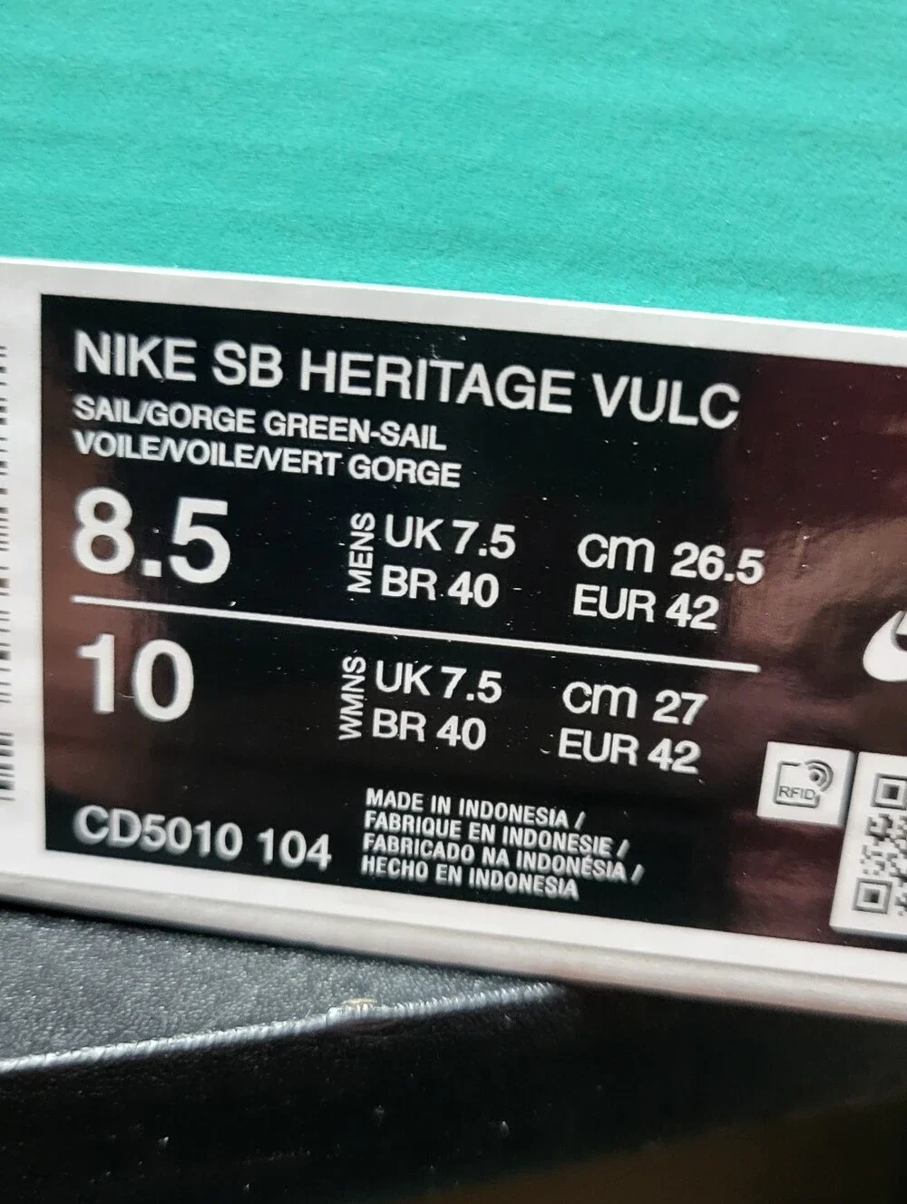 *NEW* Nike SB Heritage Vulc Shoes Gorge Green/White Size Men’s 8.5 Women's 10